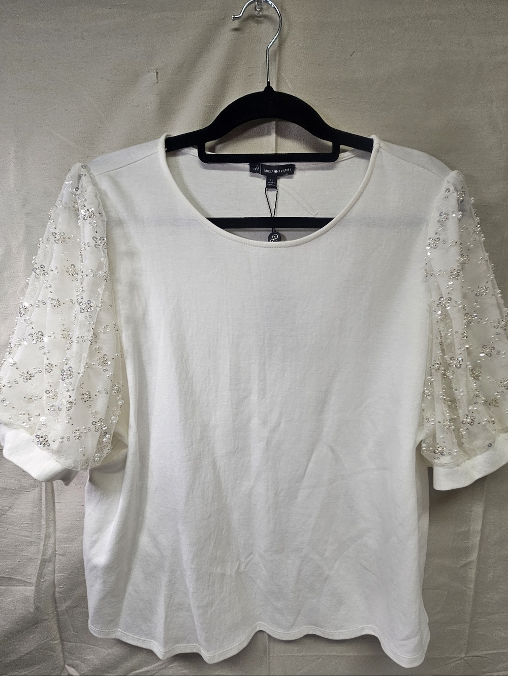 Adrianna Papell Women's Ivory Knit Top with Beaded Sheer Puff Sleeves Size XL